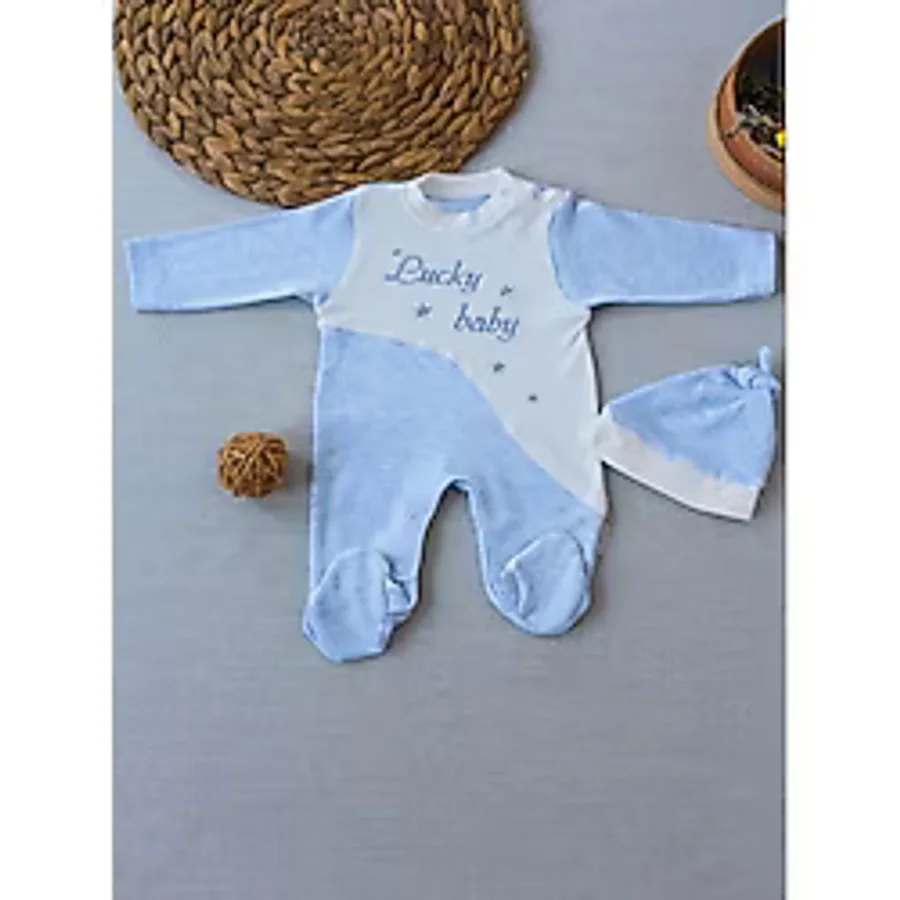 0-3 3-6 Ay Lucky Baby Nakışlı Es Çizgi Boy Şapkalı Erkek Bebek Tulumu - Mavi