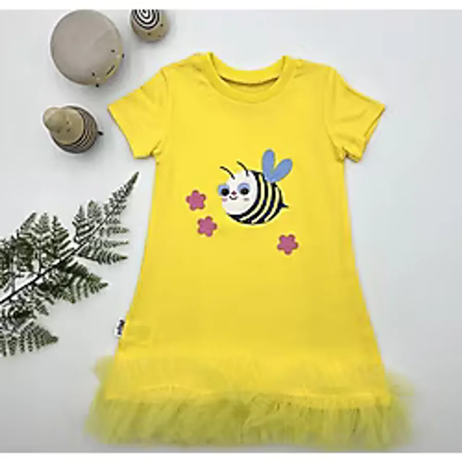 1-2-3 Yaş Arıcık Nakışlı Eteği Fırfırlı Jile Kız Çocuk Elbisesi Sarı