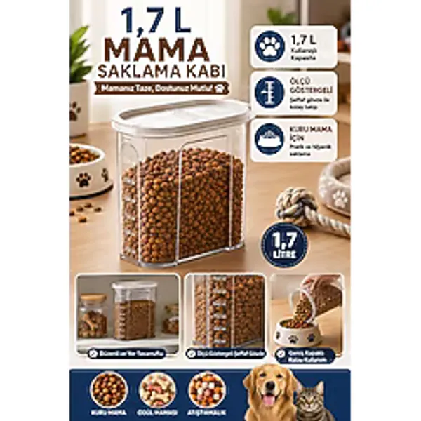 1,7 Litre Kedi Köpek Mama Saklama Kabı Ölçekli Şeffaf Kapaklı Kuru Mama Kutusu
