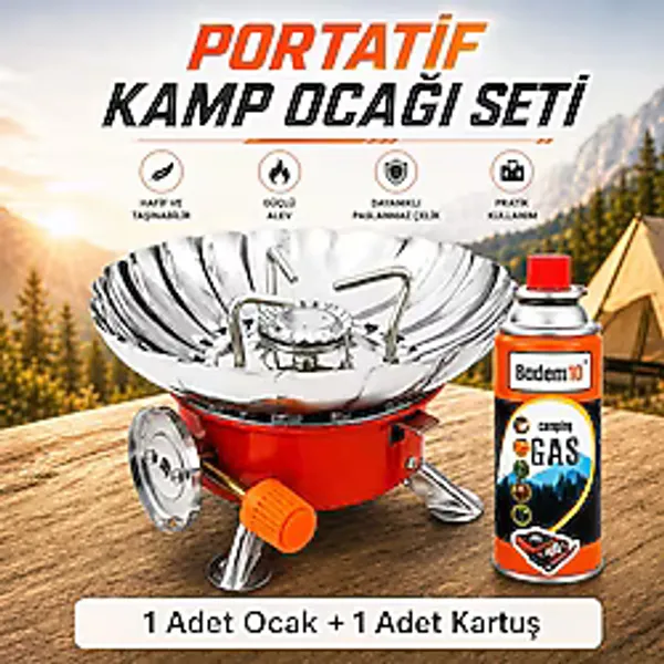 (1 Adet) Mini Portatif Rüzgarlıklı Kendinden Çakmaklı Kamp Ocağı + (1 Adet) 400 Ml Kamp Kartuşu Gazı