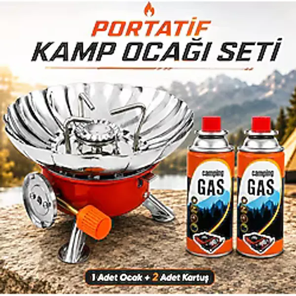 (1 Adet) Mini Portatif Rüzgarlıklı Kendinden Çakmaklı Kamp Ocağı + (2 Adet) 400 Ml Kamp Kartuşu Gazı
