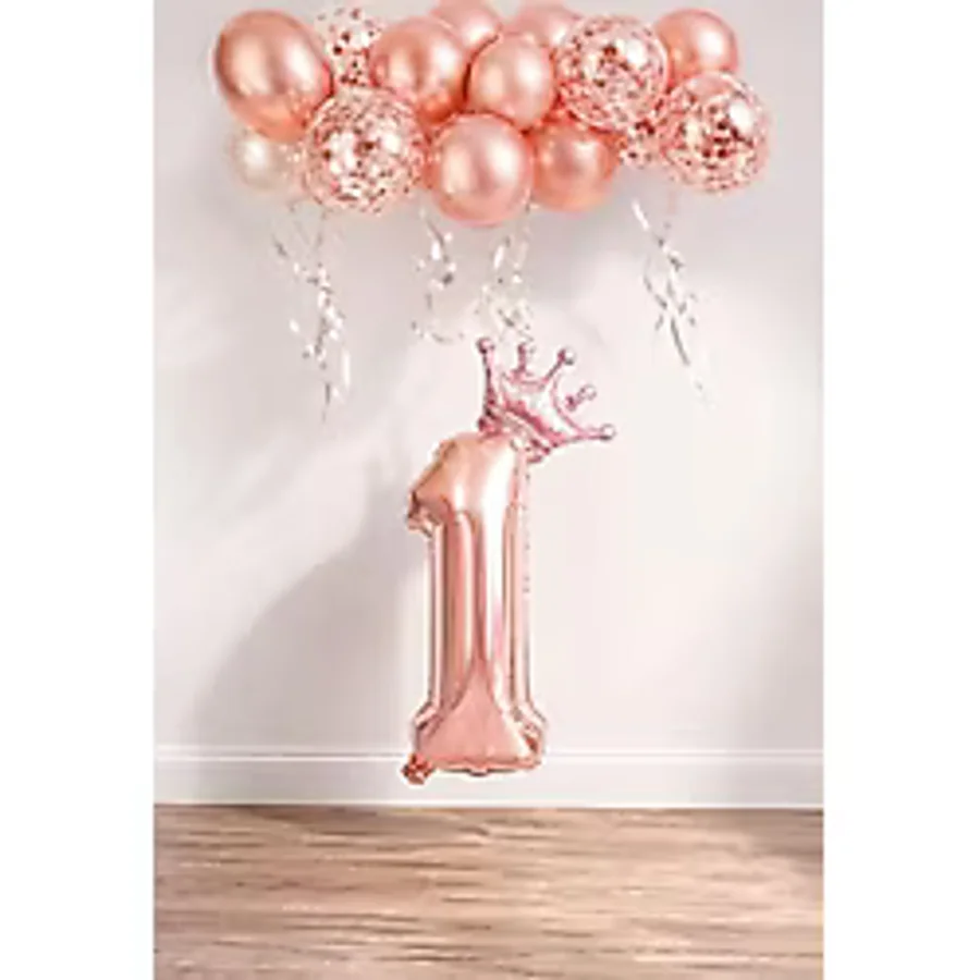 1 Rakam Rose Gold Folyo Balon, Kral Tacı Ve Konfetili Rose Gold Balon