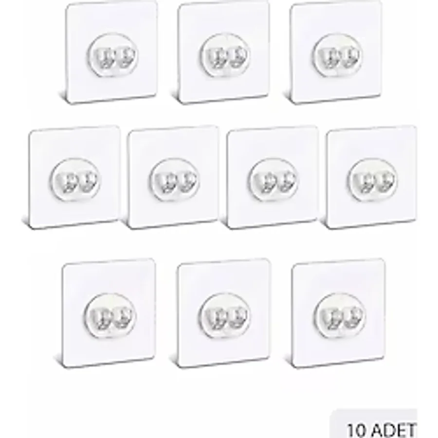 10 Adet 7x7cm Yedek Süper Güçlü Yapışkanlı Askı, 20kg Banyo - Mutfak Raf Tutucu Sticker, Delmesiz Şeffaf
