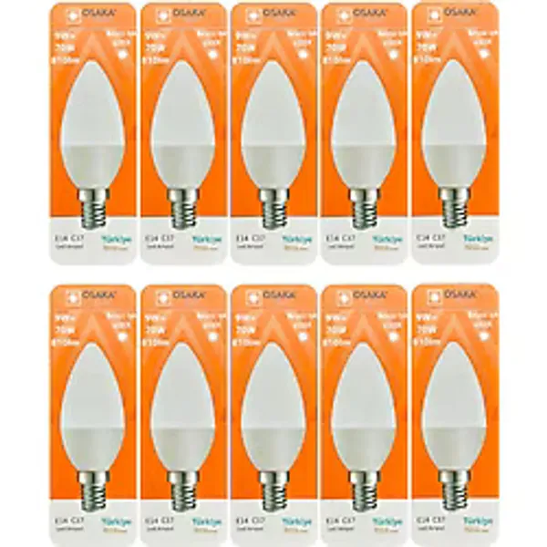 (10 Adet) Osaka 9W (70W) Beyaz Işık (6500K) E14 Duylu (İnce Duy) Led Mum Ampul