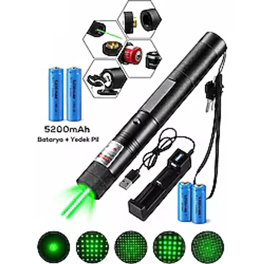 10 Km Menzilli Şarj Edilebilir Yeşil Lazer Pointer Seti - 5200Mah Çift Bataryalı & Güvenlik Kilidi