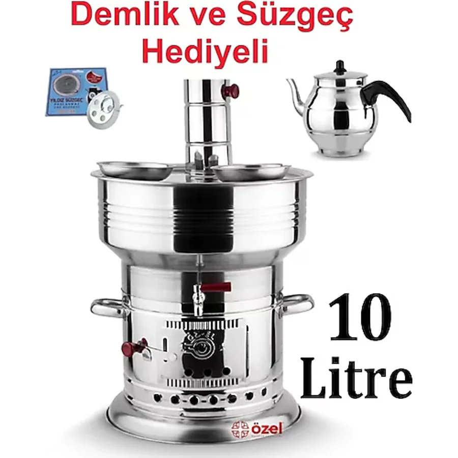 10 Litre Paslanmaz Krom Odunlu Kömürlü Çay Semaveri Odunlu Kömürlü Semaver DEMLİK HEDİYELİ Semaver
