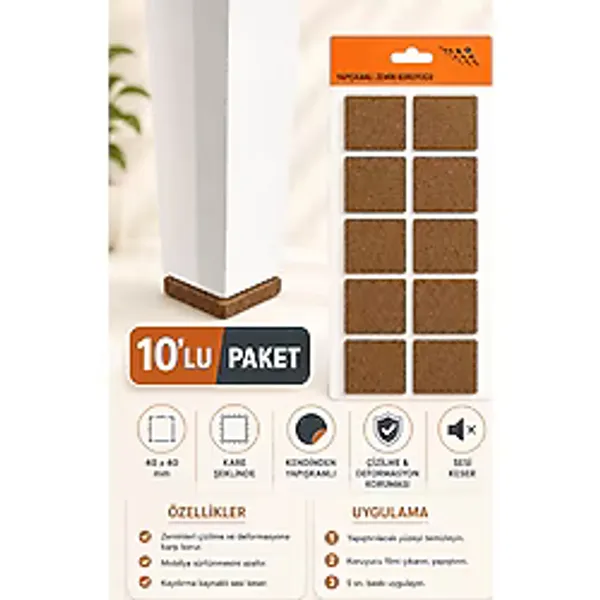 10'Lu 40X40 Mm Kare Kendinden Yapışkanlı Mobilya Keçesi Masa Sandalye Ayağı Parke Zemin Koruyucu Çizilme Ve Ses Önleyici Keçe Pedi