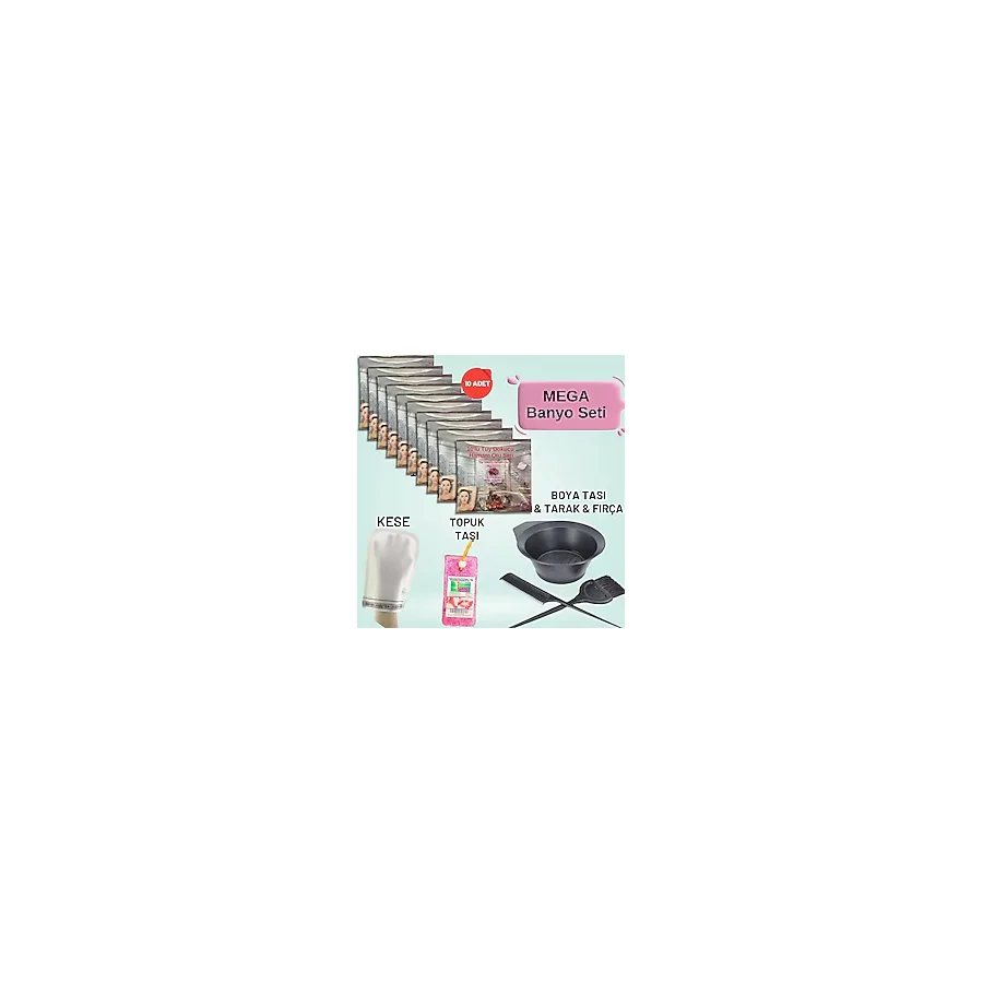 10 Paket Hamam Otu Toz Tüy Dökücü + Boya Kabı + Tarak + Fırça + Hamam Kesesi + Topuk Taşı Banyo Seti (4215fulset)