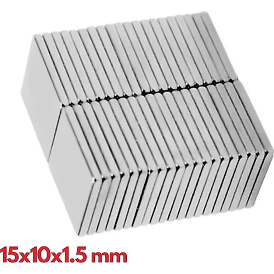 100 Adet 15X10X1.5 mm Köşeli Neodyum Mıknatıs N35 Magnet Dayanıklı Nikel Kaplama ( Lisinya )