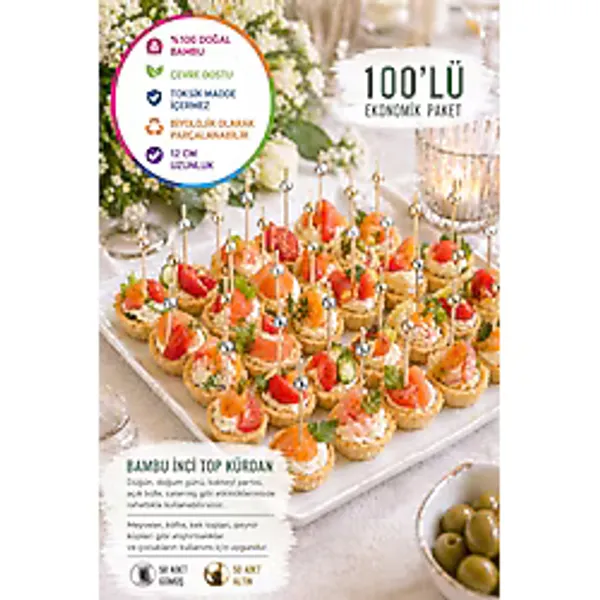100'lü Set İnci Top Kürdan Altın Gümüş 12cm Bambu Kokteyl Sunum Kürdanı Parti Catering