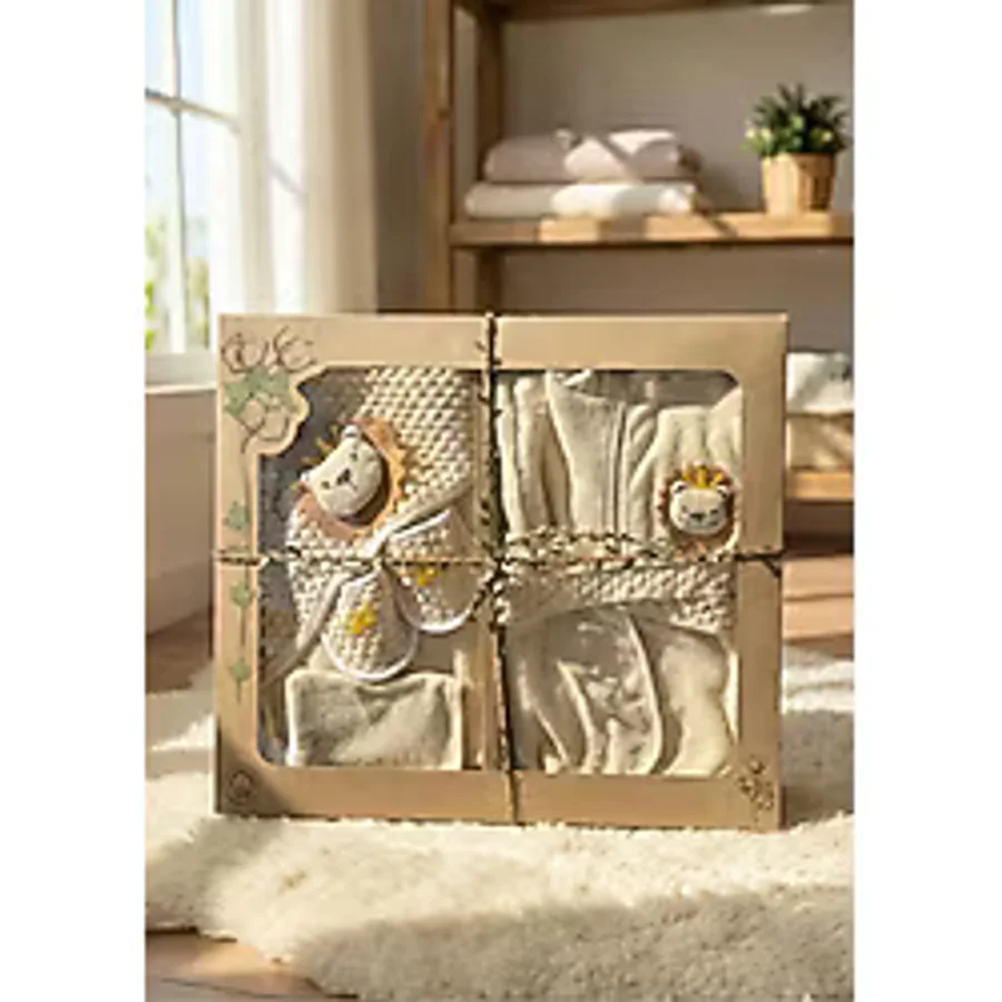 %100 Organik Pamuk Bebek Premium Bornoz Seti 0-2 Yaş - 4 Parça, Unisex, Kutulu