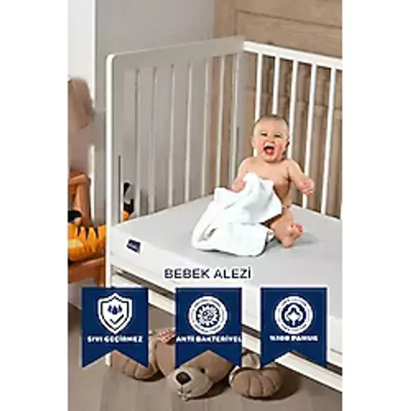 %100 Pamuk Fitted Sıvı Geçirmez Bebek ve Çocuk Yatak Koruyucu Alez, Park Yatak Beşik Yatak Alezi - Beyaz - 80 x 160 cm