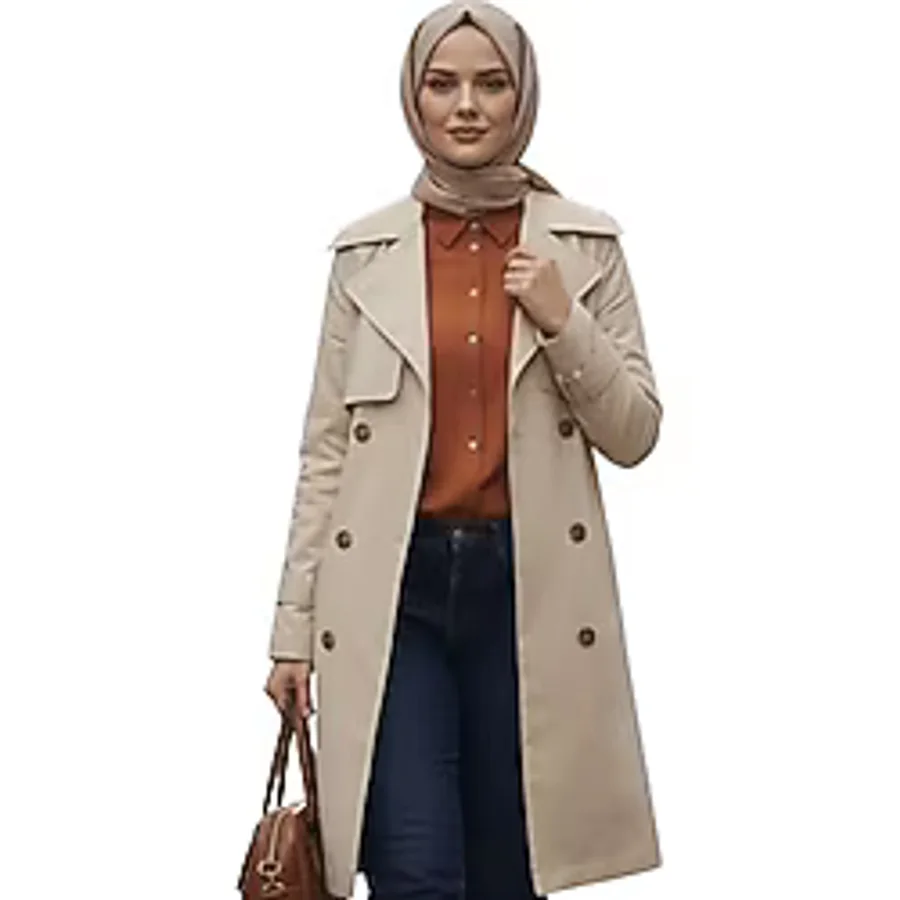 %100 Pamuk Gabardin Midi (95 cm) Astarlı Kemerli Kadın Tesettür Trençkot (Taş, M)
