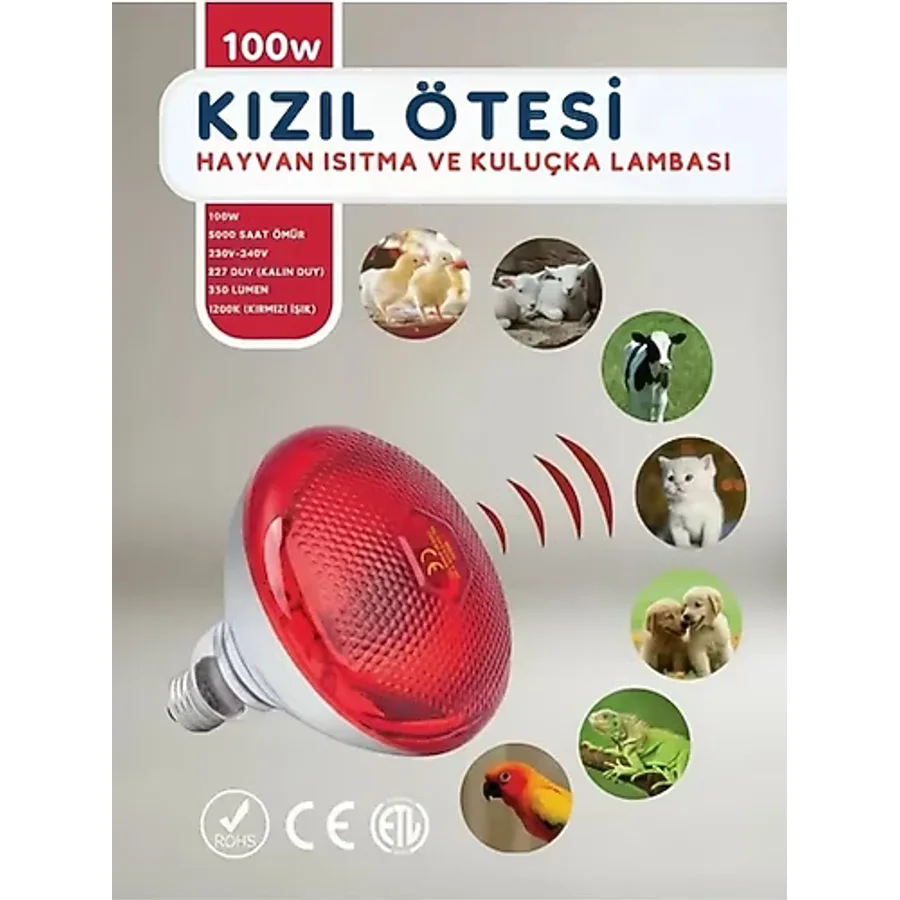 100W Kızılötesi (İnfrared) Isıtıcılı Hayvan Isıtma Ve Kuluçka Lambası (Kırmızı Işık) E27 (Kalın Duy)