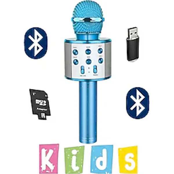 10Numara Karaoke Mikrofon Dahili Hoparlörlü Usb Flash Tf Kart Destekli Ses Değiştirme Efektli Çocuk Mikrofonu Mavi
