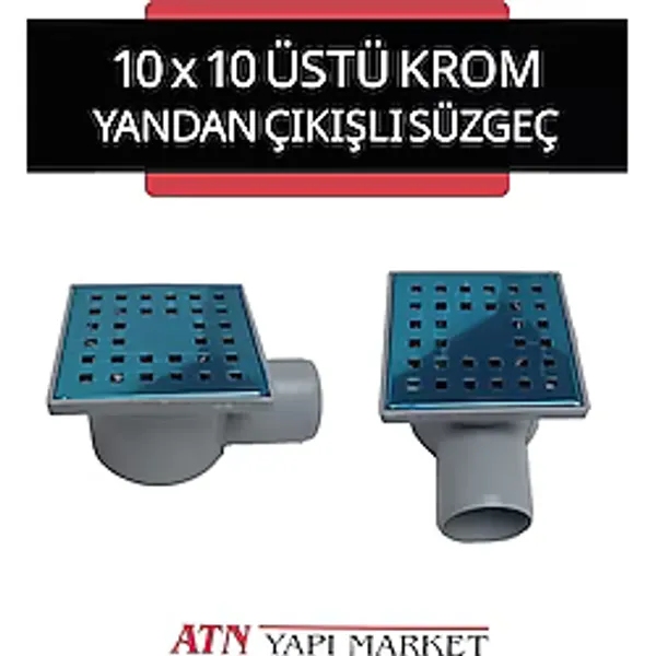 10X10 Üstü Krom Kare Yer Süzgeci - 50'lik Yandan Çıkışlı Su Gideri - Banyo, Balkon, Teras Tahliye Izgarası