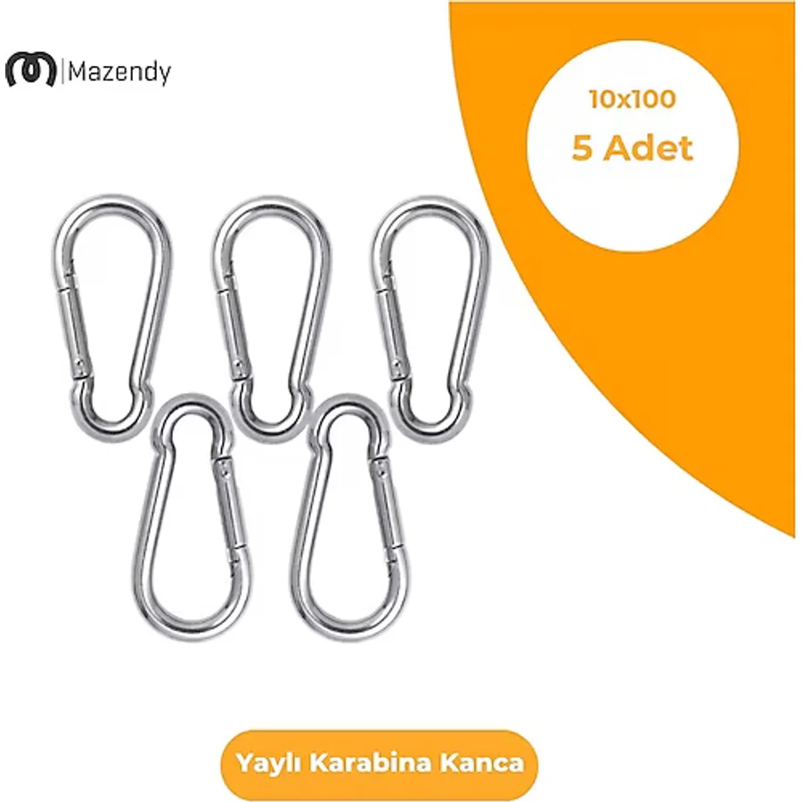10x100 mm Düz Yaylı Karabina Kanca 5 Adet Paslanmaz Çelik Aparat
