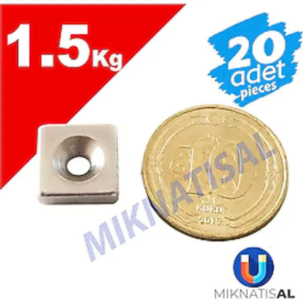 10X10X3Mm (6X3Mm) Havşalı Kare Güçlü Neodyum Mıknatıs 20 Adet