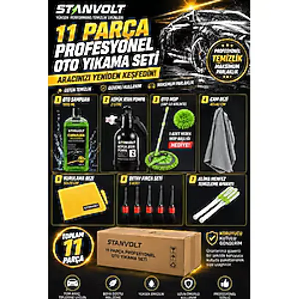 11 Parça Profesyonel Oto Yıkama Ve Araç Temizlik Seti 1000 Ml Oto Şampuan, 2 Lt Köpük Pompası, Mop