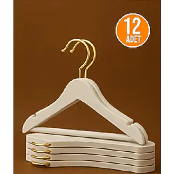 12 Adet - Ahşap Görünümlü Plastik A Kalite Bebek Ve Çocuk Elbise Askısı Tshirt Pantolon Askı Beyaz-Gold