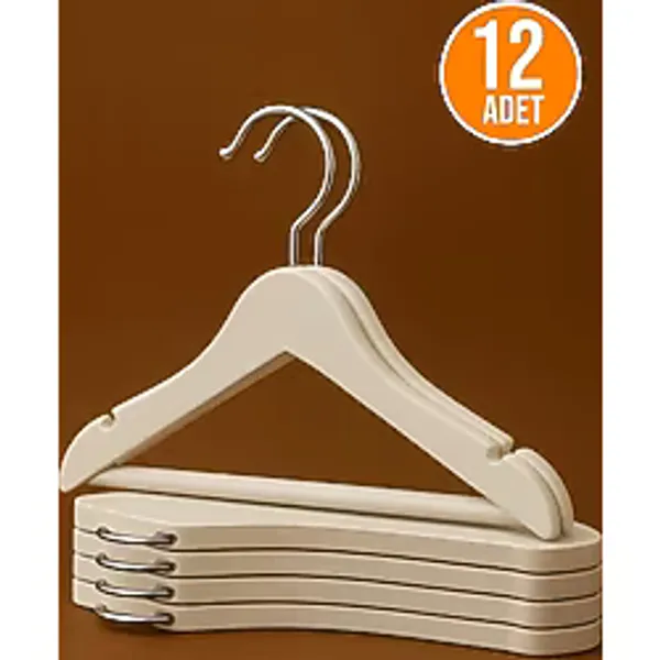 12 Adet - Ahşap Görünümlü Plastik A Kalite Bebek Ve Çocuk Elbise Askısı Tshirt Pantolon Askı Beyaz-Krom