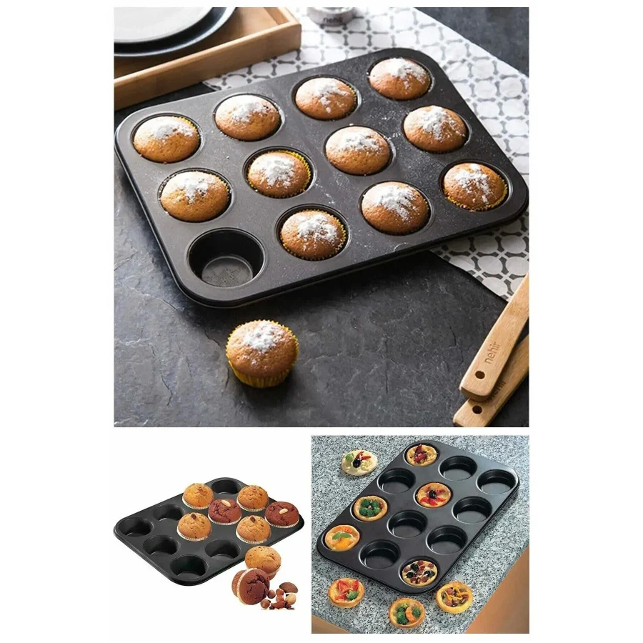 12 Bölmeli Yanmaz Ve Yapışmaz Kek Kapsülü Yapışmaz Mini Tart Kek Kapsülü Muffin Ekler Kalıbı 35-27 cm