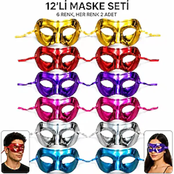 12'li Metalik Venedik Parti Maskesi Seti? 6 Renk Karışık