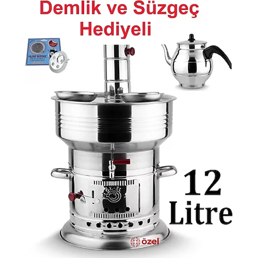 12 Litre Paslanmaz Krom Odunlu Kömürlü Çay Semaveri Odunlu Kömürlü Semaver DEMLİK HEDİYELİ 12+1 Lt