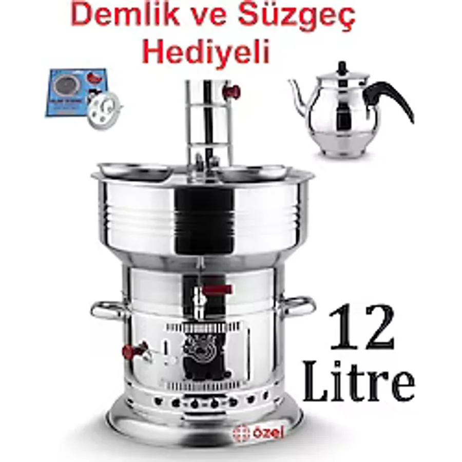 12 Litre Paslanmaz Krom Odunlu Kömürlü Çay Semaveri Odunlu Kömürlü Semaver DEMLİK HEDİYELİ 12+1 Lt