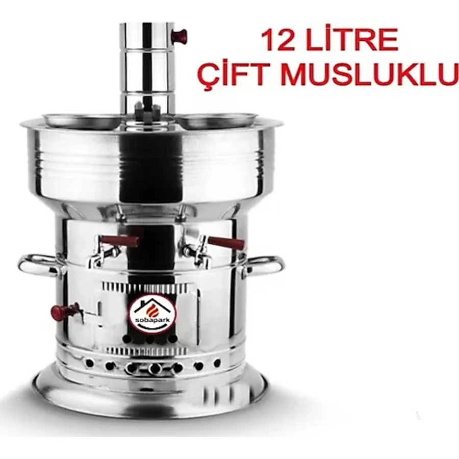 12 Litre Paslanmaz Metal Odunlu Kömürlü Çay Semaveri Büyük Çift Musluklu Odunlu Kömürlü Semaver 12 L