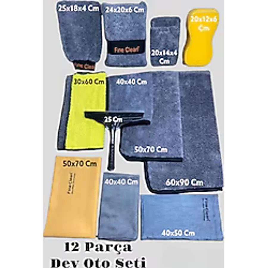 (12 Parça Dev Oto Seti) Mikrofiber Oto Yıkama Temizleme Araç Kurulama Bez ,Eldiven Sünger Araba Seti