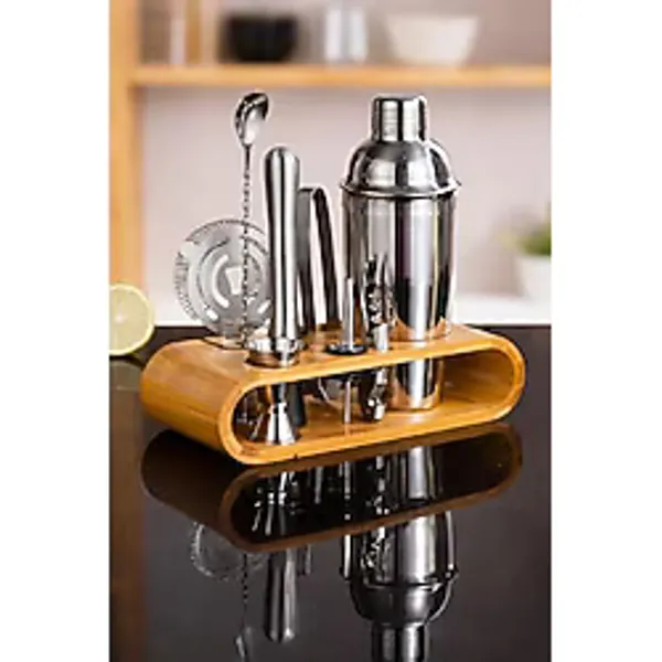 12 Parçalı Paslanmaz Çelik Kokteyl Shaker Seti, 750 ml, Ahşap Standlı, Jigger ve Bar Tokmağı Dahil
