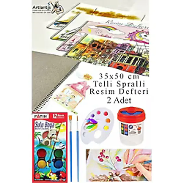 12 Renk Brons Sulu Boya 35x50 cm Telli Spralli Resim Defteri Resim Paleti Resim Fırçası Temizleme Kabı Suluboya Okul
