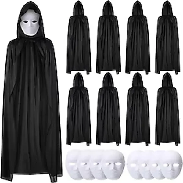 120 Cm Siyah Kapüşonlu Pelerin Ve Boyanabilir Karton Maske 8'Li Set