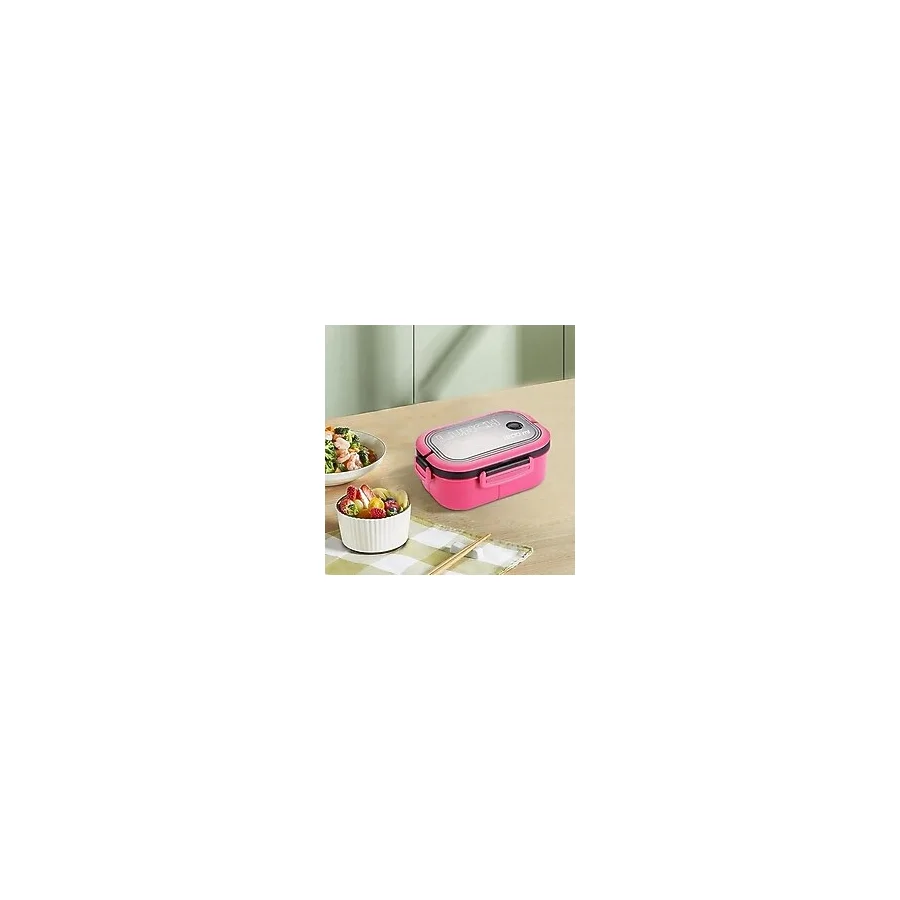 1200 ml 2 Katlı 6 Bölmeli Bpa'sız Pp Plastik Sefer Tası ve Beslenme Çantası - Hava Kilitli Lunch Box, Çatal ve Kaşık Dahil (Pembe) - Kestane Akaju - Option-1