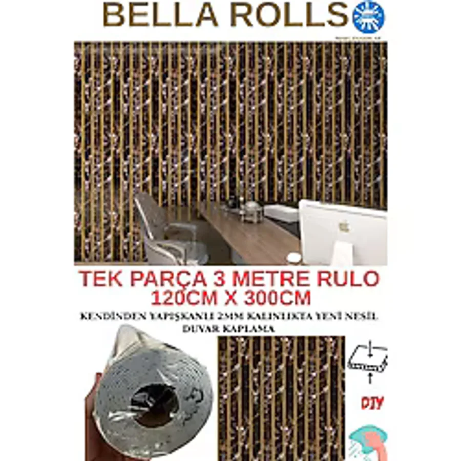 120cmx300cm Tek Parça Yapışkanlı Rulo Gold Çizgili Mermer Desenli Duvar Paneli Kağıdı Beykent Qm0134