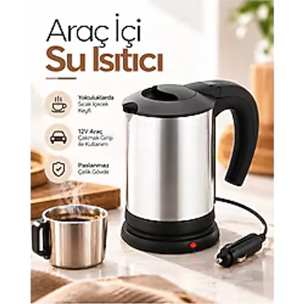 12V Araç Çakmak Girişli Paslanmaz Çelik Araç Içi Su Isıtıcı Seyahat Tipi Kettle