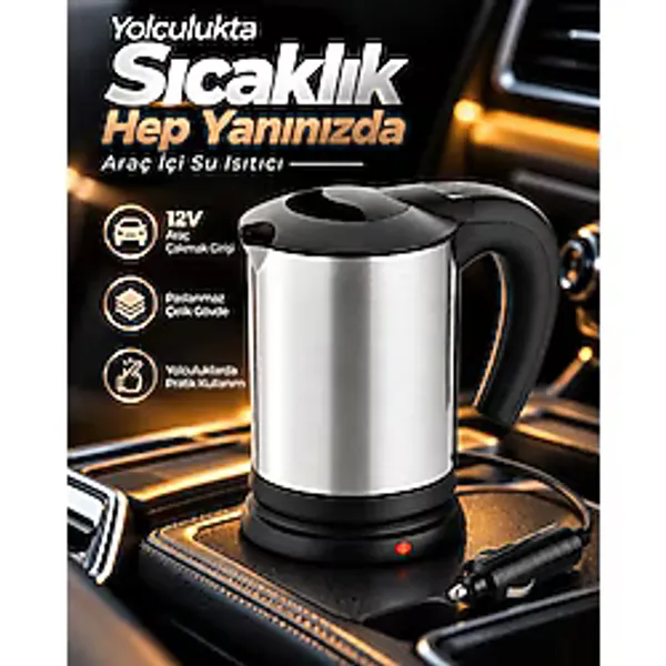12V Araç Çakmak Girişli Paslanmaz Çelik Araç Içi Su Isıtıcı Seyahat Tipi Pratik Kettle - 0,5 gr