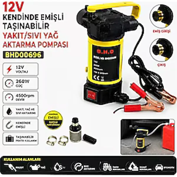 12V Kendinden Emişli Taşınabilir Yakıt/sıvı Yağ Aktarma Mazot Pompası Kod : BHD00696