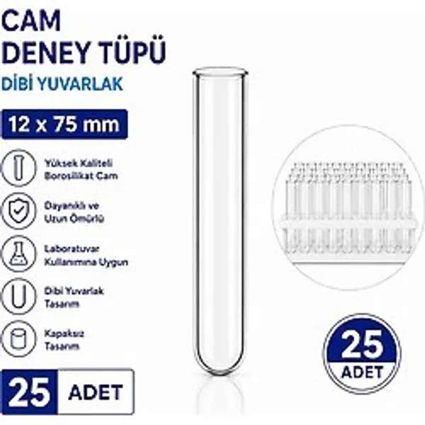12X75 mm Cam Deney Tüpü Dibi Yuvarlak 25 Adet Laboratuvar Test Tüpü