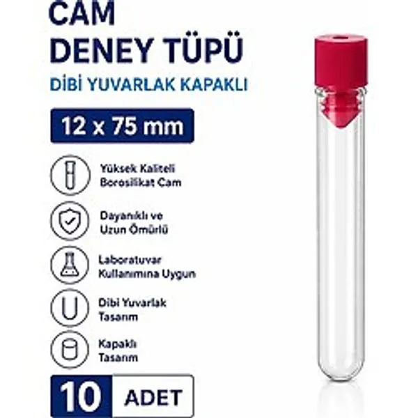 12X75 mm Cam Deney Tüpü Dibi Yuvarlak Kapaklı 10 Adet Laboratuvar Test Tüpü