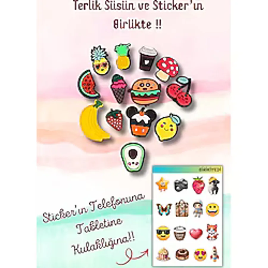 13'Lü Jibbitz Terlik Süsü Meyveler,Muz,Dondurma,Mantar,Kahve,Karpuz