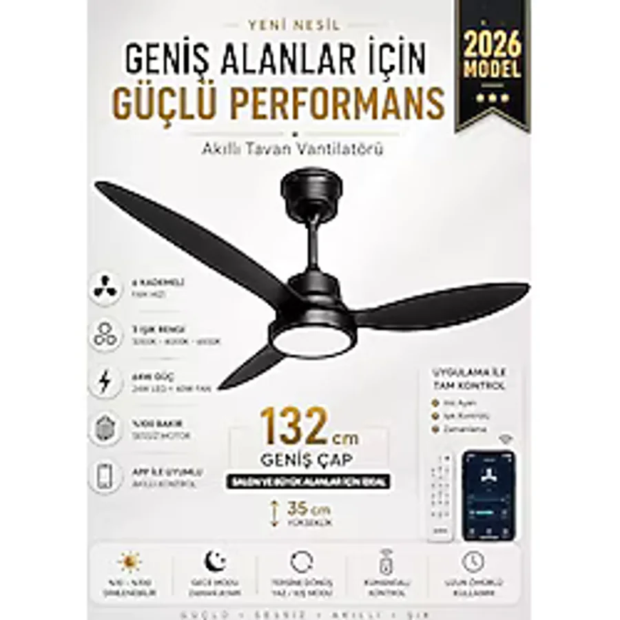 132 cm Akıllı Tavan Vantilatörü - Kumandalı & App Kontrollü - 6 Kademeli Sessiz LED Tavan Fanı - 3 Işık Modlu - Yaz/Kış Modu (Siyah - Siyah)