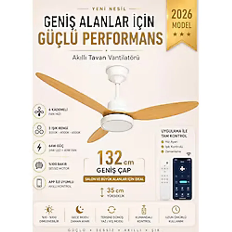 132 cm Akıllı Tavan Vantilatörü - Kumandalı & App Kontrollü - 6 Kademeli Sessiz LED Tavan Fanı - 3 Işık Modlu - Yaz/Kış Modu