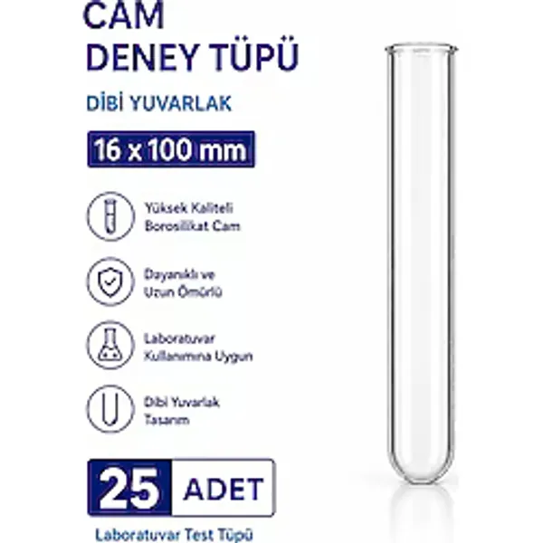 16x100 Mm Cam Deney Tüpü Dibi Yuvarlak 25 Adet Laboratuvar Test Tüpü