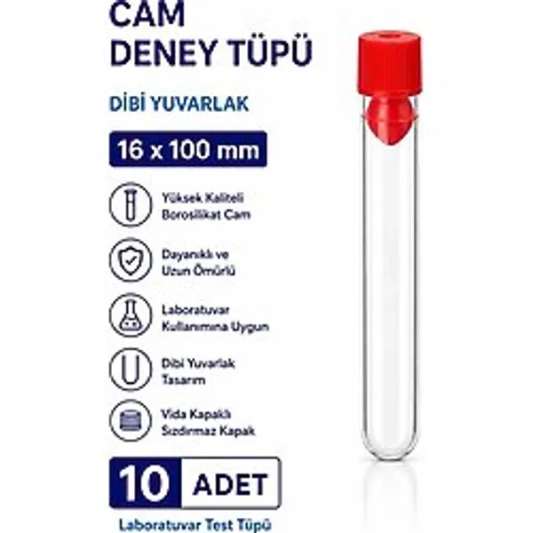 16X100 mm Cam Deney Tüpü Dibi Yuvarlak Kapaklı 10 Adet Laboratuvar Test Tüpü
