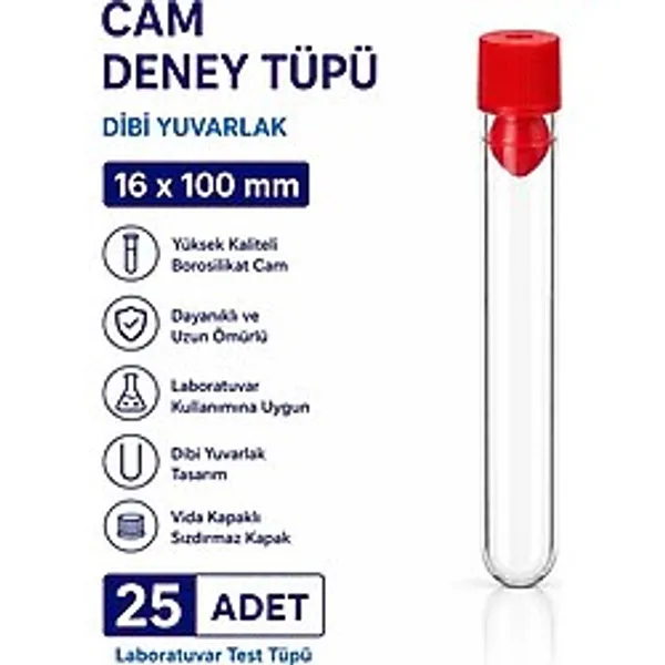 16X100 mm Cam Deney Tüpü Dibi Yuvarlak Kapaklı 25 Adet Laboratuvar Test Tüpü