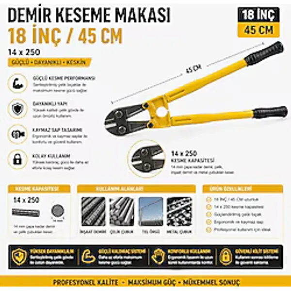 18 İnç 45 Cm Demir Kesme Makası Profesyonel Güç, Maksimum Dayanıklılık