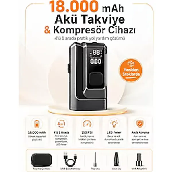 18000mah Akü Takviye Ve Kompresör 4 Ü 1 Arada Taşınabilir Araç Marş Basma Cihazı
