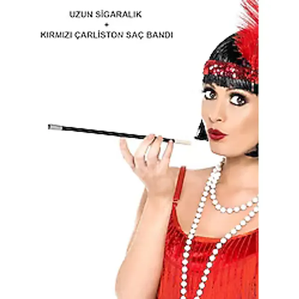 1920'ler 1990'lar Gatsby Kadın Aksesuar Seti - Kırmızı Charleston Saç Bandı ve Sigaralık (4745)